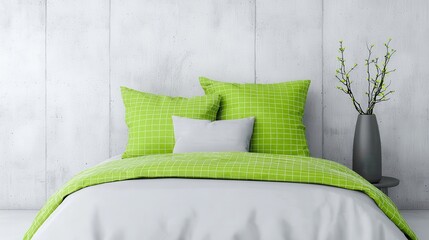 Poster - Kids room interior concept. Modern bedroom with green patterned bedding and minimalist decor.