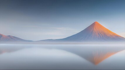 Aufkleber - 穏やかな湖に映る幾何学的なピラミッド山々のあるミニマルなデジタルアート風景 パノラマの朝の景色