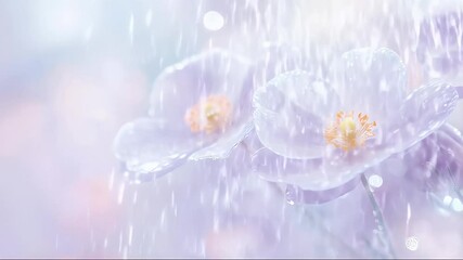 Aufkleber - パステルカラーの背景に雨滴が輝く淡い紫の花のマクロ撮影と繊細な背景ボケと軽い粒子効果が柔らかい雰囲気を醸し出す花の美しさ