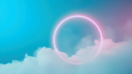 Poster - パステルカラーの空に浮かぶ雲の中のピンクのネオンリングの抽象的な背景