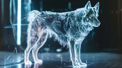 Aufkleber - This glowing, transparent hologram of a dog is displayed, floating in a dark, ambient environment.