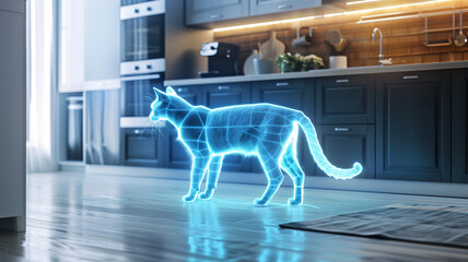 Poster - This glowing hologram of a cat floats in a sleek kitchen, reflecting ambient light and technology.