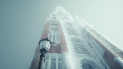 Aufkleber - 霧がかった背景にそびえ立つ建築塔と複雑なレンガのディテールとアーチ型のデザインを備えた白い建築物のローアングルショット