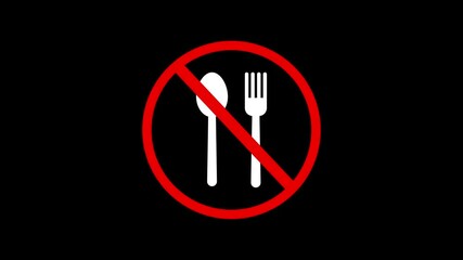 Poster - No food allowed fork spoon crossed sign of red color no eat meals restriction sign dark background animated symbol