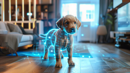 Leinwandbilder - This glowing holographic puppy hovers in a modern living room, illuminated by soft light.