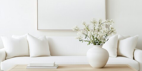Poster - Neutral-toned living room concept. Modern minimalist living room with a white couch and a decorative vase of flowers.