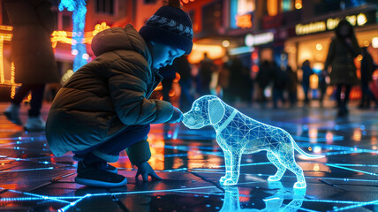 Poster - This child interacts with a glowing hologram of a dog on a lively city street with bright lights.