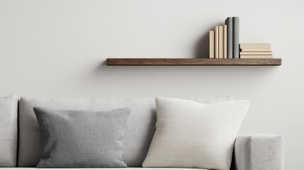 Poster - Neutral-toned living room concept. Modern living room featuring a cozy couch and minimalist bookshelf on a light wall.