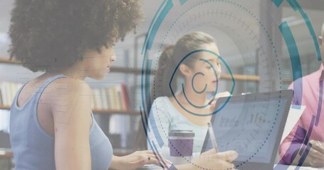 Poster - professional team reviewing printed charts while UI overlay appearing, shaping business discussion