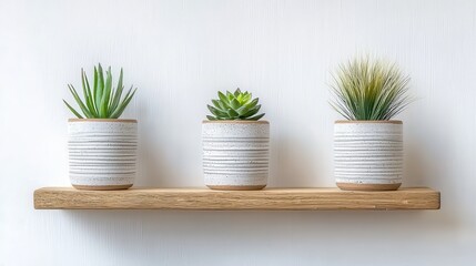 Poster - Neutral-toned living room concept. Three decorative pots with succulents on a wooden shelf against a textured background.