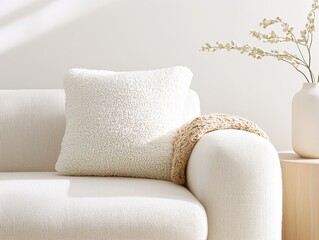 Poster - Neutral-toned living room concept. Cozy interior featuring a soft sofa, fluffy cushion, and decorative vase with greenery.