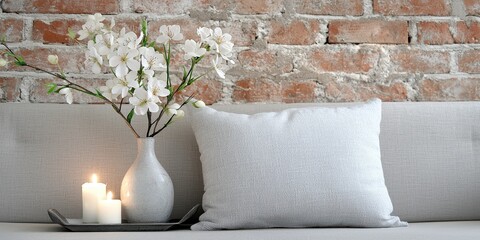 Poster - Neutral-toned living room concept. Cozy interior with bricks, a vase of flowers, candles, and a textured cushion on a soft surface.