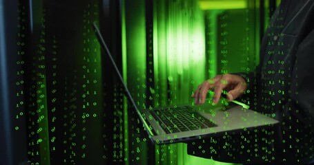 Poster - Man typing on silver laptop for technology demo, causing green binary streams pulsing