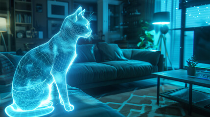 Leinwandbilder - This glowing, transparent hologram of a cat projects softly in a modern living room setting.