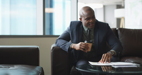 Poster - Office, coffee and black man with document for reading, investment report and accountant on sofa. Career, business person and financial advisor with paperwork for tax returns, review portfolio or tea