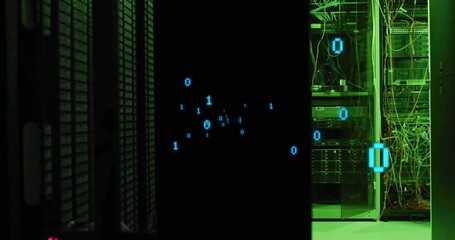 Poster - Blank display pulsing binary code per second between server rack and cables illustrating data flow