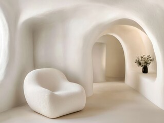Poster - Neutral-toned living room concept. Modern interior showcasing a soft chair and curved white walls.