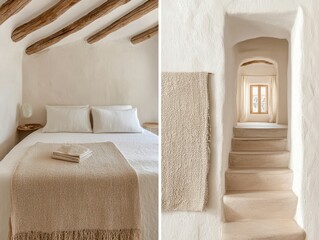 Poster - Neutral-toned living room concept. Cozy bedroom with textured decor and a serene passageway leading outdoors.