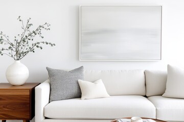Poster - Neutral-toned living room concept. Modern living room featuring a cozy couch, vase with branches, and minimalistic decor.