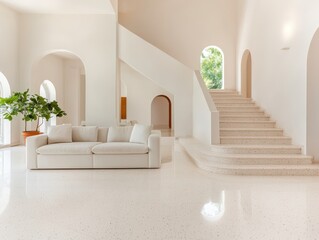 Poster - Neutral-toned living room concept. Bright, modern interior featuring a sofa, large windows, and decorative stairs.
