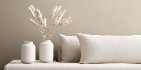 Poster - Neutral-toned living room concept. A minimalist decor featuring neutral tones with decorative vases and pillows.