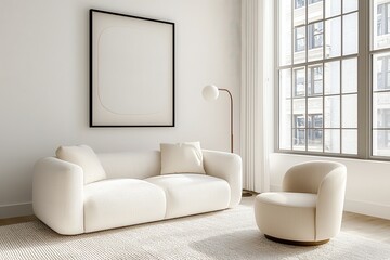 Poster - Neutral-toned living room concept. Modern living room with a cozy sofa, armchair, and large windows.