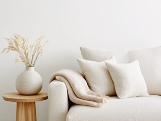 Poster - Neutral-toned living room concept. Cozy living room setup featuring a textured couch and decorative vase with dried flowers.