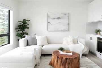 Poster - Neutral-toned living room concept. Modern living room featuring a cozy couch, a rustic coffee table, and a large window with greenery outside.