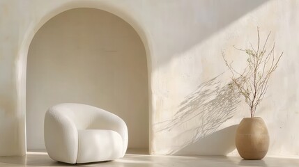 Poster - Neutral-toned living room concept. Cozy chair beside a vase with branches, illuminated by soft light on a textured wall.