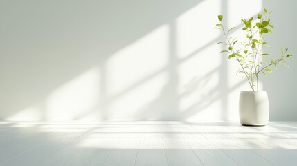 Poster - Neutral-toned living room concept. Bright, minimalistic interior with a plant in a vase and sunlight casting shadows on the floor.