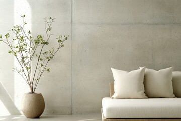 Poster - Neutral-toned living room concept. Minimalist interior featuring a sofa and a decorative plant in a simple, light space.