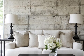 Poster - Neutral-toned living room concept. Cozy living room featuring a white sofa, decorative pillows, and elegant lamps.