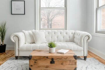 Poster - Neutral-toned living room concept. Cozy living room featuring a white tufted couch and rustic coffee table.