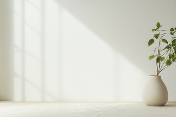Poster - Neutral-toned living room concept. A minimalist interior featuring a potted plant and natural light.