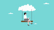 © Vanz Studio - cloud computing on corporate infrastructure, remote work or work from home, technology to connect humans to complete work, woman working using laptop sitting on cloud swing concept illustration