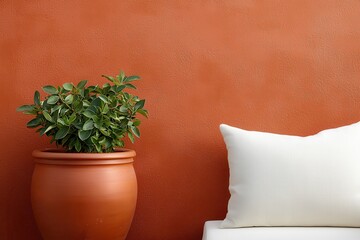 Poster - Warm inviting interior concept. Green plant in a pot next to a white pillow against a textured orange wall.