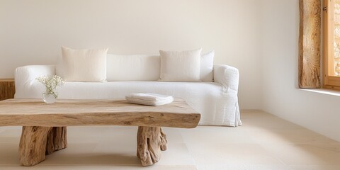 Poster - Warm inviting interior concept. Minimalist living room with a natural wood table and white sofa.