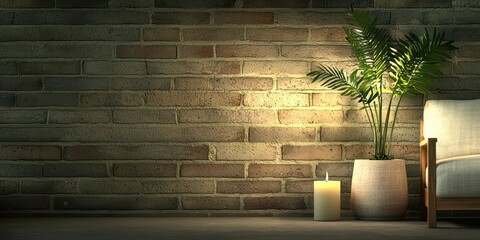 Poster - Warm inviting interior concept. Cozy corner featuring a plant, candle, and textured brick wall.
