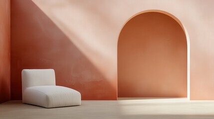 Aufkleber - Warm inviting interior concept. Modern interior featuring a minimalist design with an archway and a cozy chair against a warm-toned wall.