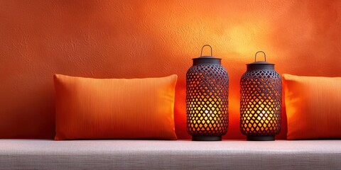 Aufkleber - Warm inviting interior concept. Cozy decor featuring orange pillows and stylish lanterns on a textured background.