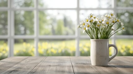 Poster - Warm inviting interior concept. A vase of daisies on a wooden table with a sunlit window view in the background.