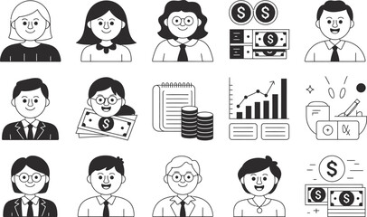 Poster - Financial and business icons depicting diverse individuals with monetary symbols and growth charts in a simple design