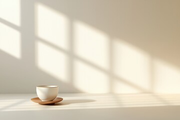 Aufkleber - Warm inviting interior concept. A minimalistic scene featuring a cup and saucer with soft shadows on a wall.