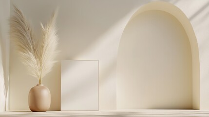 Aufkleber - Warm inviting interior concept. Minimalist decor featuring a vase and a blank frame on a soft, neutral background.