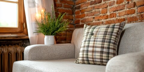 Aufkleber - Warm inviting interior concept. Cozy living room with a textured sofa, patterned pillow, and a green plant against a brick wall.