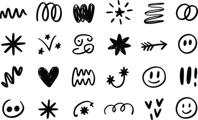 Poster - Hand-drawn doodle set featuring various shapes stars arrows hearts smiley faces and wavy lines perfect for design elements