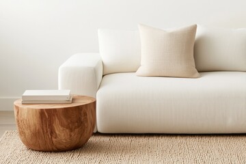 Poster - Warm inviting interior concept. Modern minimalist living room with a white sofa and wooden coffee table.