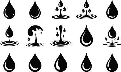 Poster - Black and white vector collection of water drops with various splash effects and different drop designs