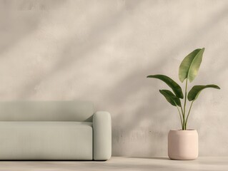 Poster - Warm inviting interior concept. Minimalist interior featuring a couch and a potted plant against a textured wall.