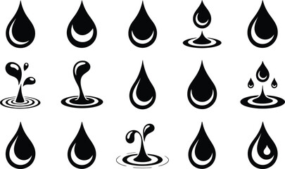 Poster - Collection of stylized black water drops with ripple effects depicting various splash animations on white background